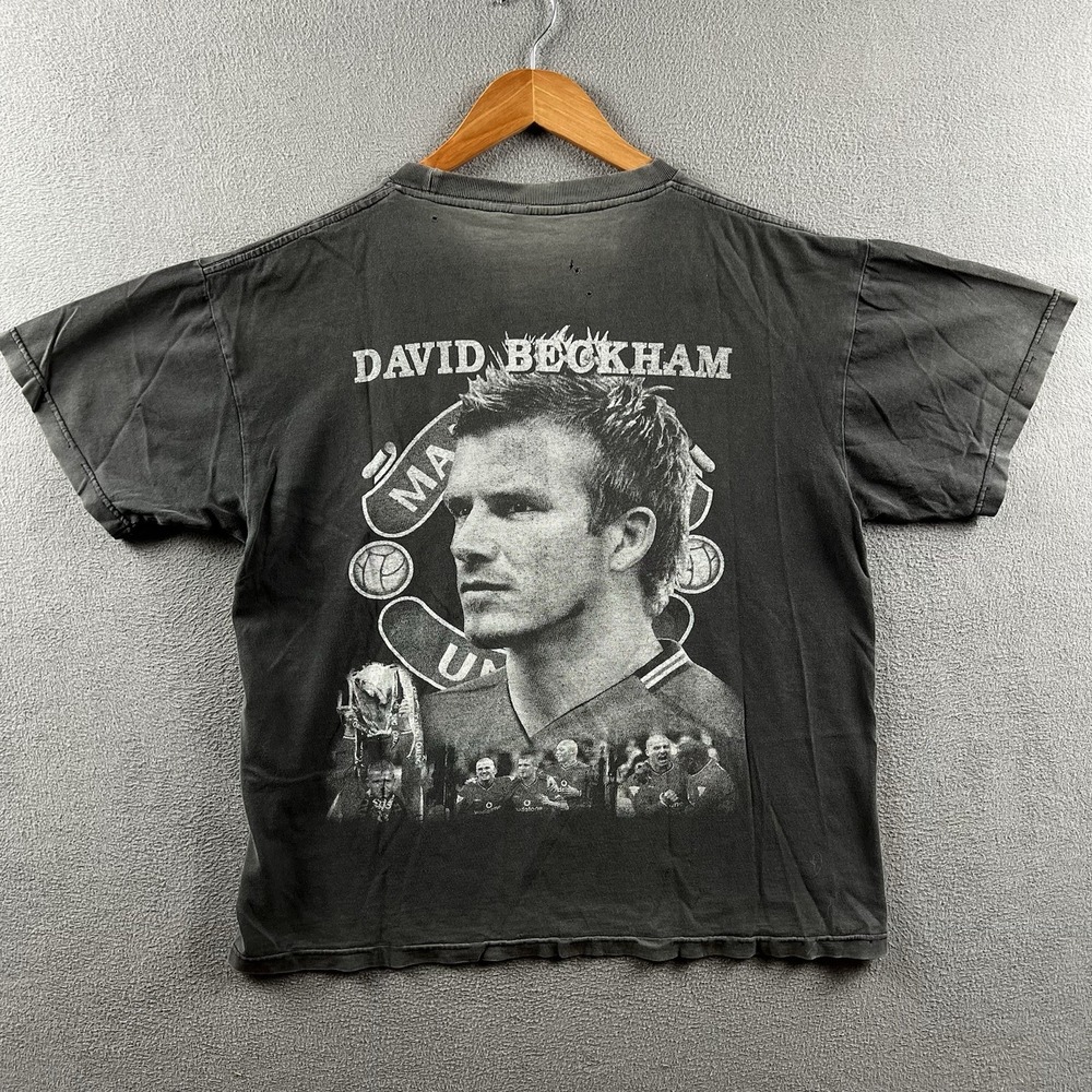 Vintage David Beckham Shirt Mens Large Black Faded Big Print Rap Tee 90s RARE - Picture 14 of 16